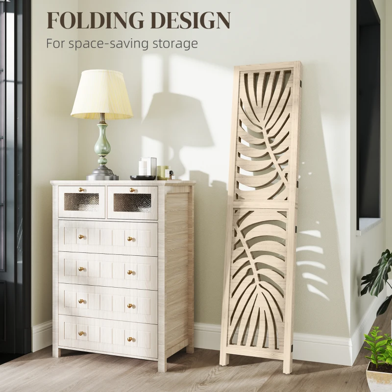 HOMCOM 3 Panel Room Divider, Detachable Folding Privacy Screens with Palm Leaf Design for Home Office, Natural Wood Finish