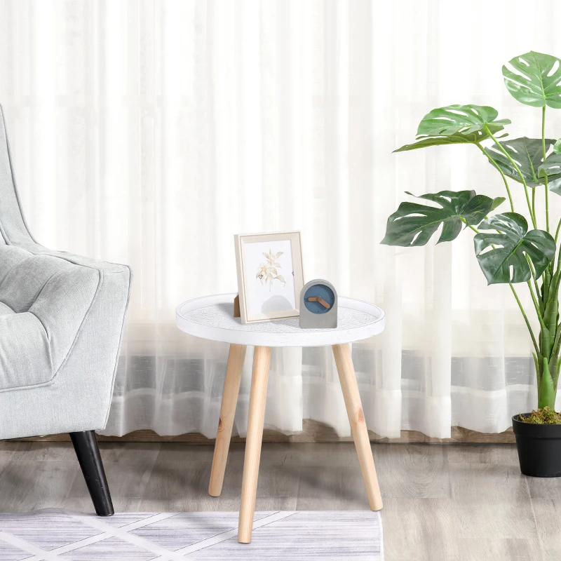 HOMCOM Round Coffee Table, Carved Floral End Table with Tray-style Top and Wooden Legs for Living Room