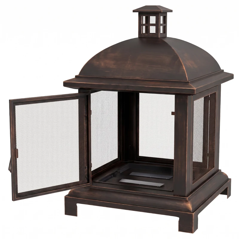 Outsunny Wood-Burning Fire Pit, Chimney Style Firepit with Poker, 26" x 26", Black