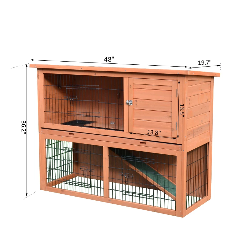 PawHut 48" L Wooden Rabbit Hutch Pet Playpen 4 Door House Enclosure with Ramp, for Rabbits and Small Animals, Natural Wood