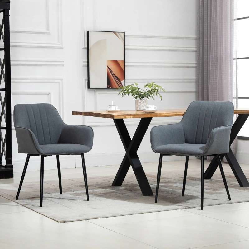 HOMCOM Dining Chairs Set of 2, Linen Upholstery Accent Chair with Back, Armrest, Metal Legs, Dark Grey