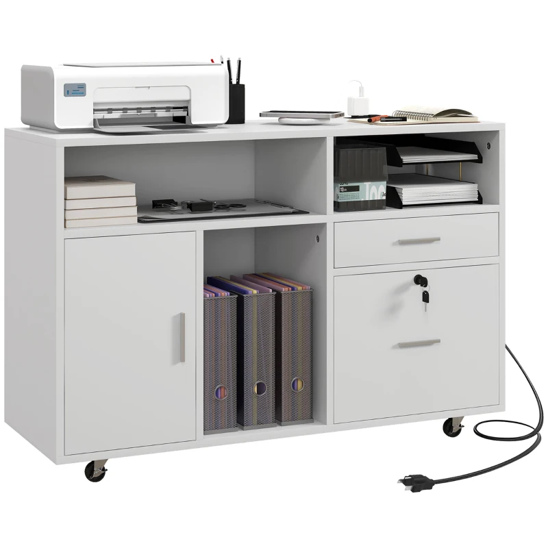 HOMCOM Mobile Printer Stand with Charging Station and USB Ports, Locking Filing Cabinet for A4 and Letter Size, White