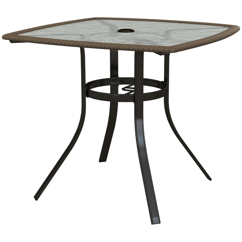Outsunny 34" Square Outdoor Dining Table, Patio Table with Umbrella Hole, Water-Grain Glass Top Coffee Table for Balcony, Poolside, Dark Brown