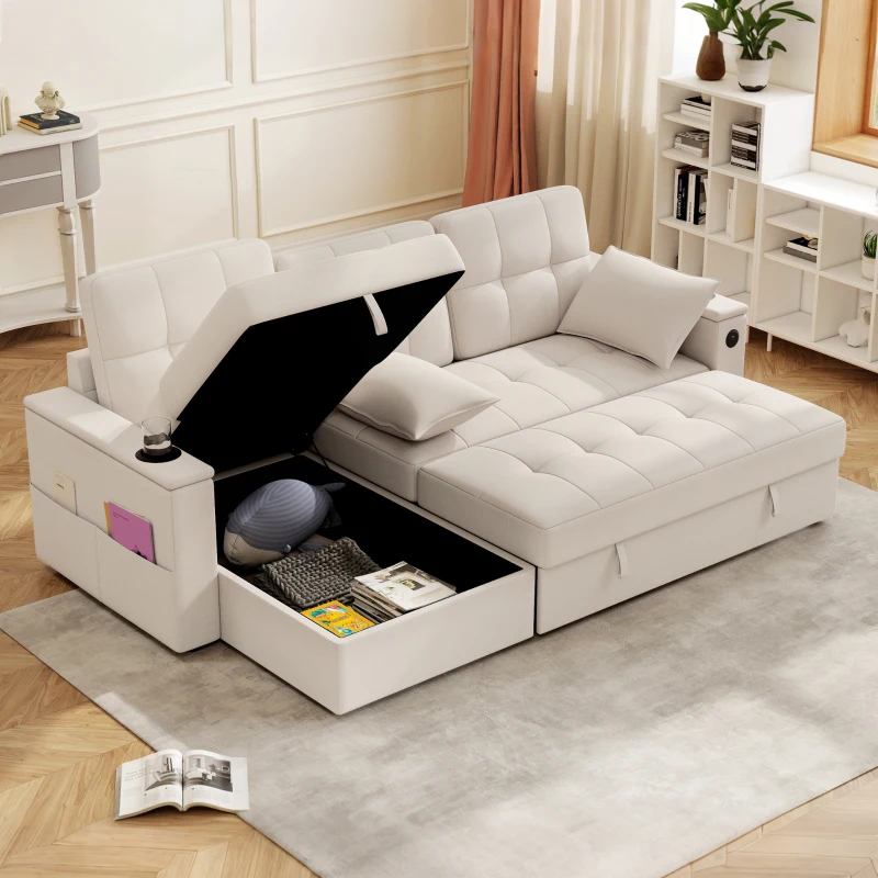 HOMCOM Convertible Sectional Sofa Bed, Pull Out Sleeper Sofa Couch with USB‑A+C, Chaise Storage, L-Shaped Futon Couch, Beige