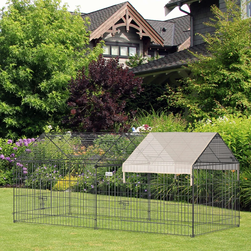 PawHut Metal Chicken Coop, 87" x 41" x 41" Chicken Run Pen for Yard with Cover, Portable Catio Poultry Cage Indoor Outdoor Backyard, Cat Cage for Rabbit, Duck, Hen, Small Animal, Chinchillas, Beige