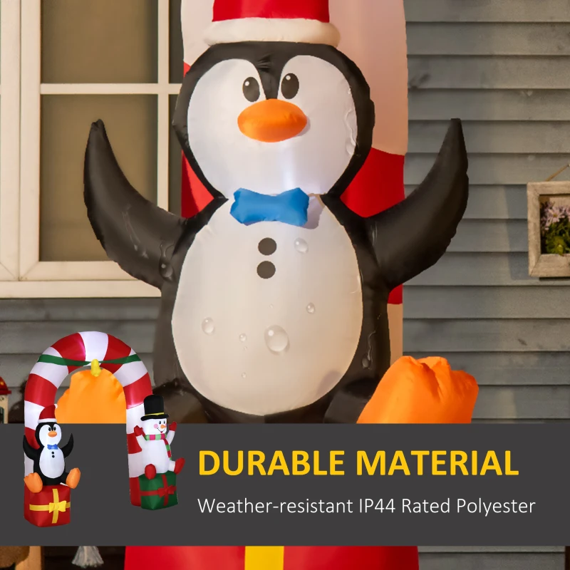 Outsunny 9ft Christmas Inflatable Candy Cane Archway with Penguin Snowman Sit on Gift Box, Blow-Up Outdoor LED Yard Display for Lawn Garden