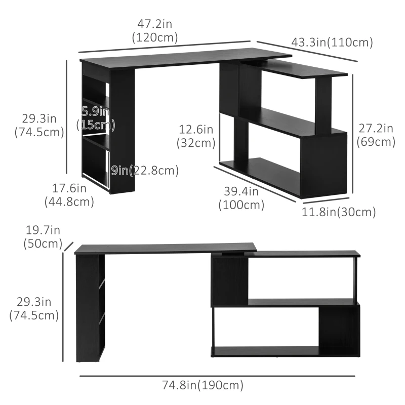 HOMCOM L Shaped Desk, 360° Rotating Corner Desk, Computer Writing Table Workstation with Storage Shelf for Home Office, Black