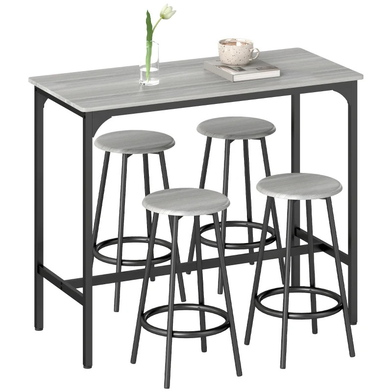 HOMCOM 5-Piece Bar Table Set for 4, Industrial Counter Height Bar Table and Chairs for Kitchen, Dining Room, Grey