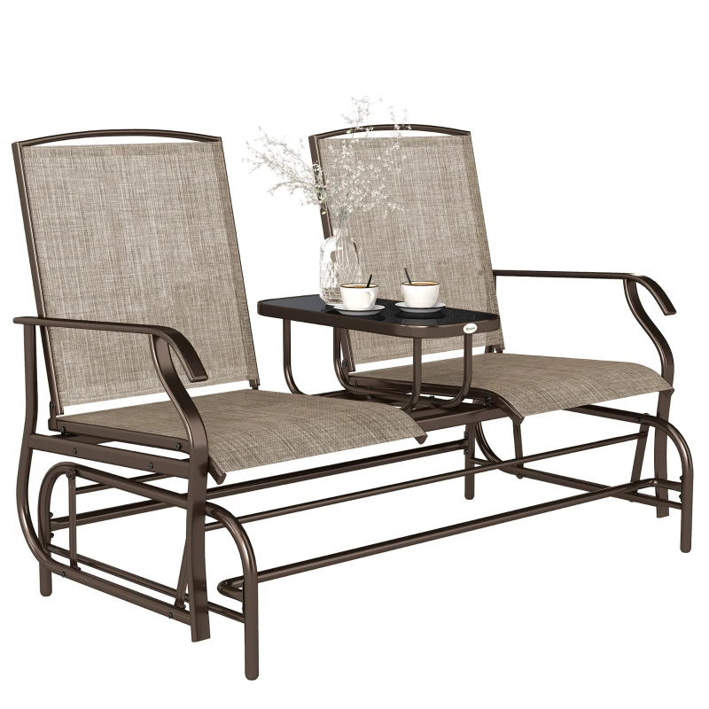 Outsunny Patio Glider Rocking Chair 2 Person Outdoor Loveseat Rocker Garden Furniture Bench, Flaxen