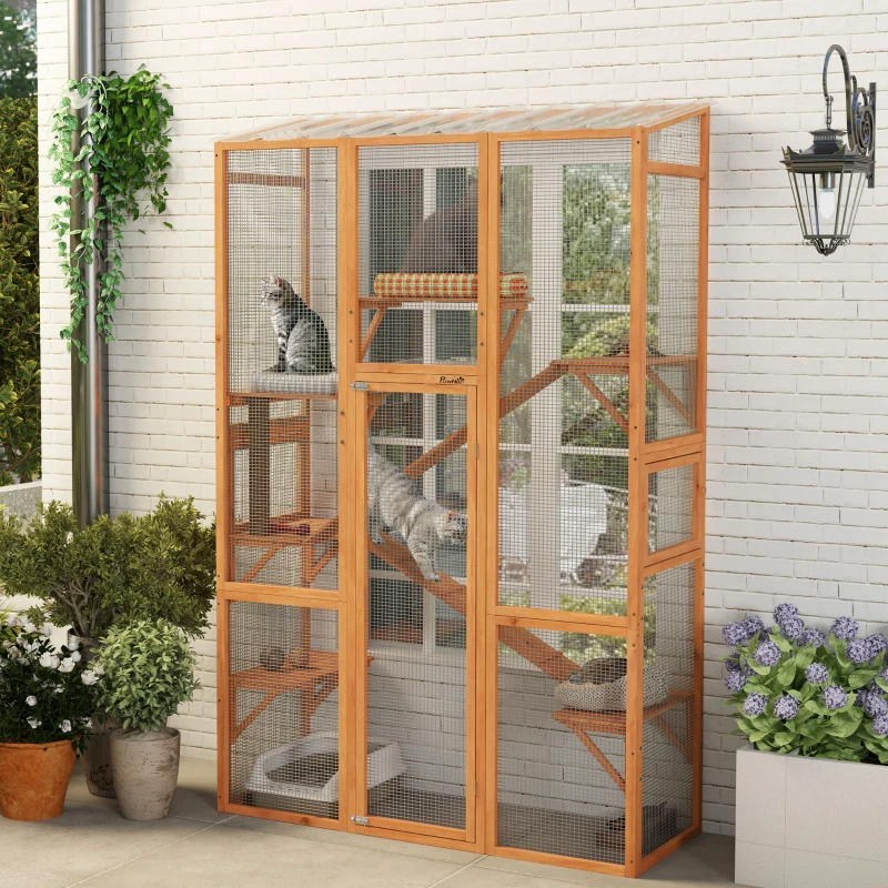 PawHut Outdoor Catio Cat Enclosure, Large Wooden Cat House with 6 Jumping Platforms, Scratching Post, 2 Ramps, for 2-3 Kittens