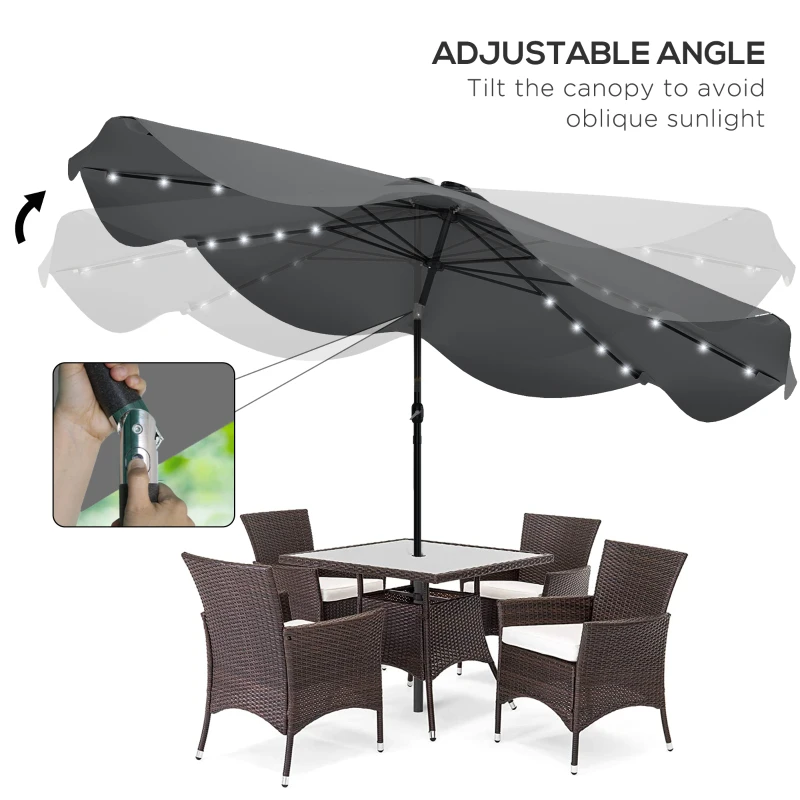 Outsunny Solar Patio Umbrella with LED and Tilt, Outdoor Market Table Umbrella Parasol with Crank, 10 x 10 ft, Dark Grey