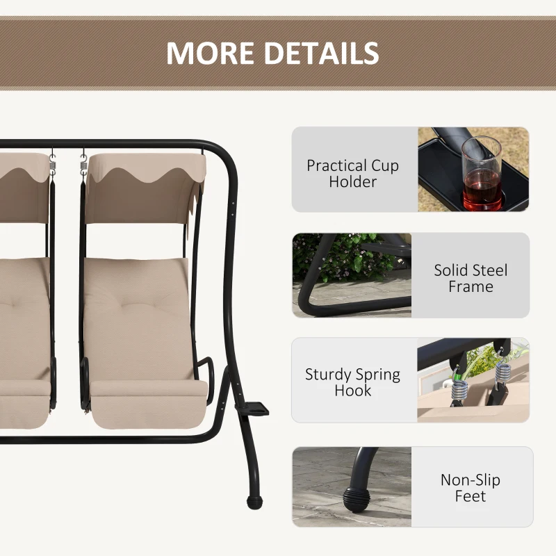 Outsunny 2 Seat Modern Outdoor Swing Chairs With Handrails and Removable Canopy - Beige