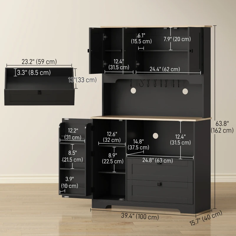 HOMCOM Kitchen Pantry Cabinet, 64" Tall Kitchen Hutch with 3 Cabinets, 2 Drawers, Adjustable Shelves, Microwave Stand, Black