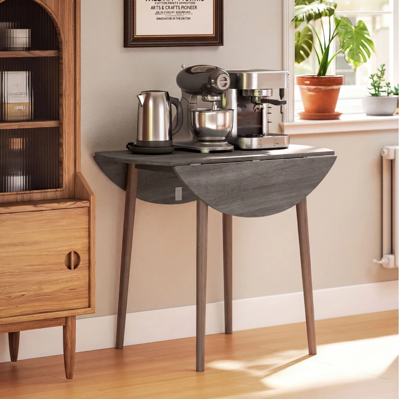 HOMCOM 35" Folding Dining Table, Collapsible Drop Leaf Table with Round Tabletop, Wood Legs, Distressed Light Grey