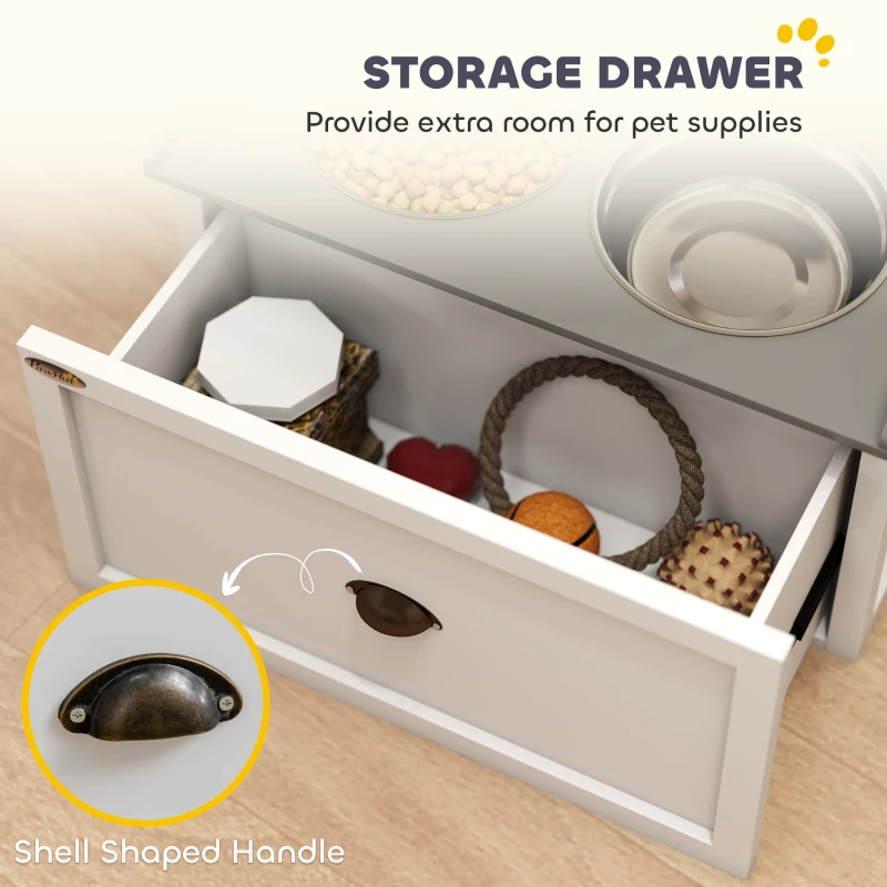PawHut Elevated Dog Bowls Raised Pet Feeding Station with Storage 2 Stainless Steel Bowls, 23.6"x11.8" x14.2", White