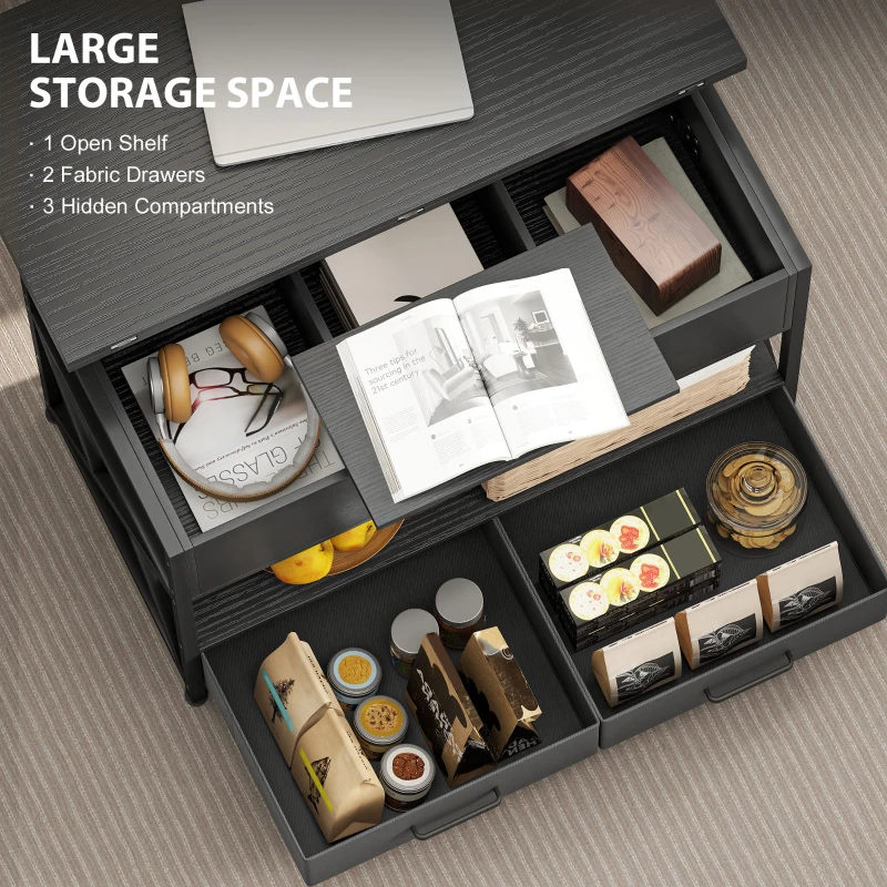 HOMCOM Modern Coffee Table, Lift Top Center Table with Fabric Drawers and Hidden Storage for Living Room, Distressed Black