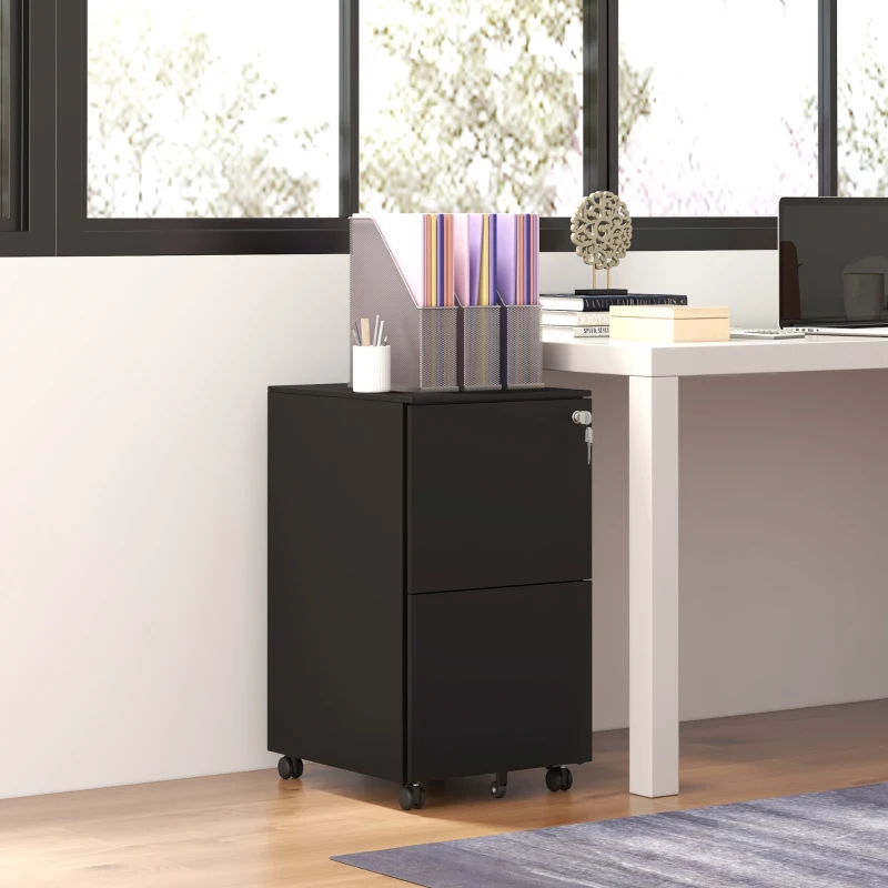 Vinsetto Vertical Steel Filing Cabinet on Wheels, 2-Drawer Lockable File Cabinet with Adjustable Hanging Bar for A4, Legal and Letter Size, Black