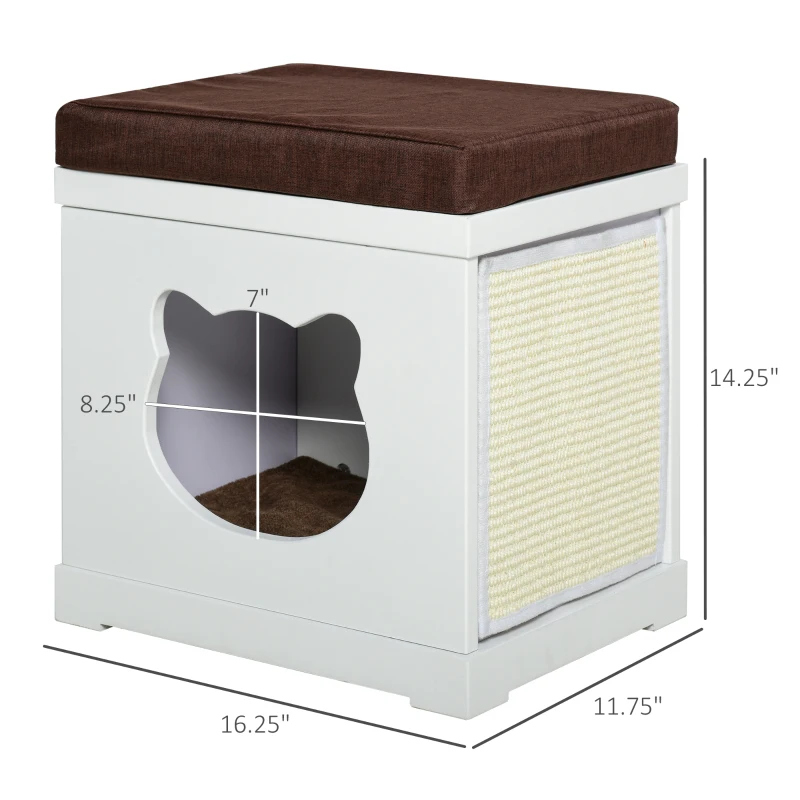 PawHut Wooden Cat Bed Cube House with Soft Padded Cushions, 2 Exterior Scratching Boards, & Interior Space, White