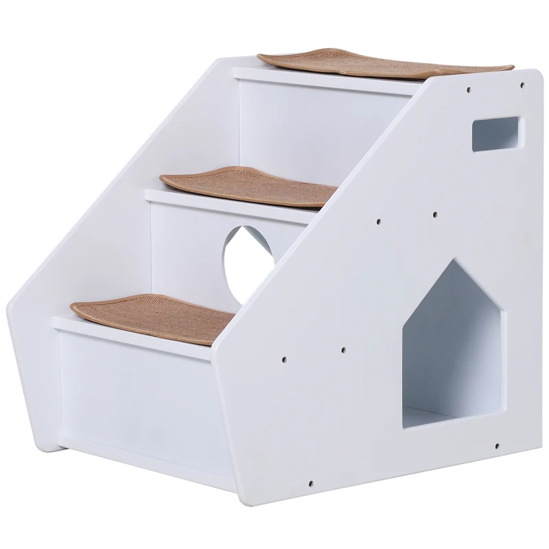 PawHut 3-Step Pet Stairs for Dogs and Cats with Built-in House and Nonslip Carpet, White