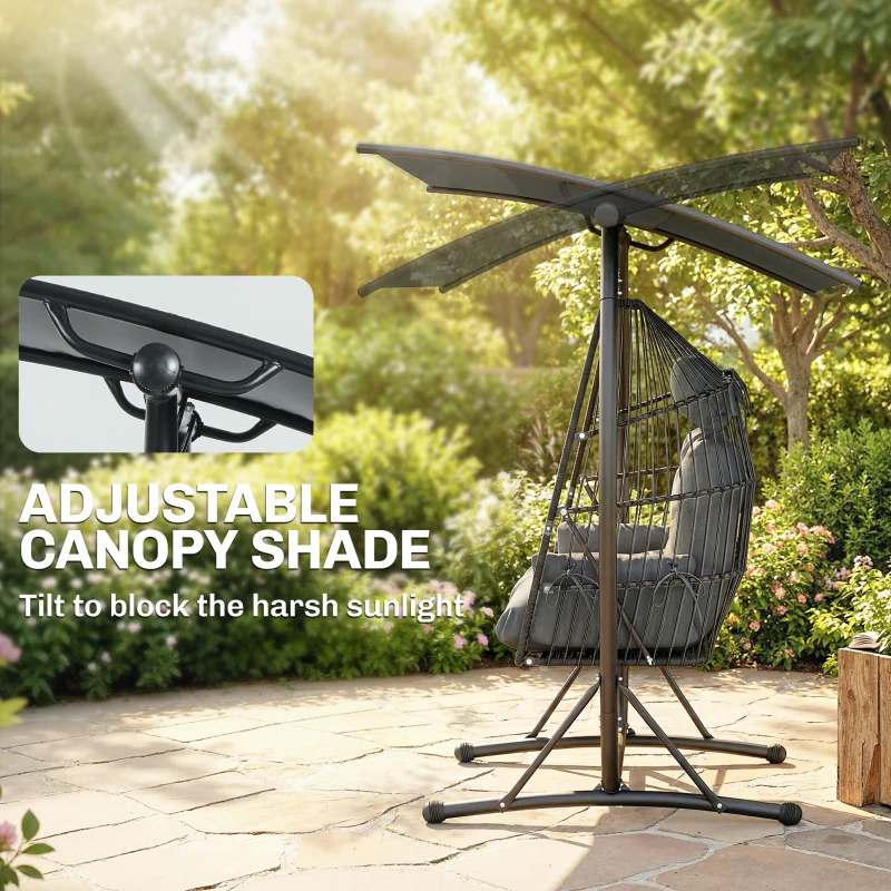 Outsunny Hanging Double Egg Chair Outdoor Egg Swing Chair with Canopy, Cushion, Stand, Dark Grey