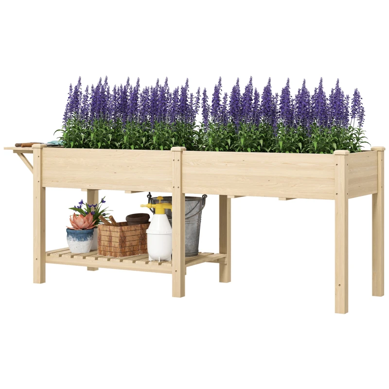 Outsunny Raised Garden Bed, Wood Planter Box with Side Table, Bottom Shelf, Bed Liners and Drainage Holes, Natural