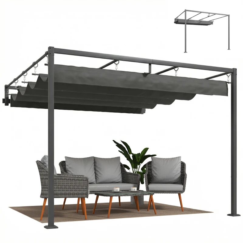 Outsunny 10' x 10' Retractable Pergola Canopy, Wall-Mounted Pergola, Outdoor Sun Shade Shelter for Garden, Balcony, Dark Grey