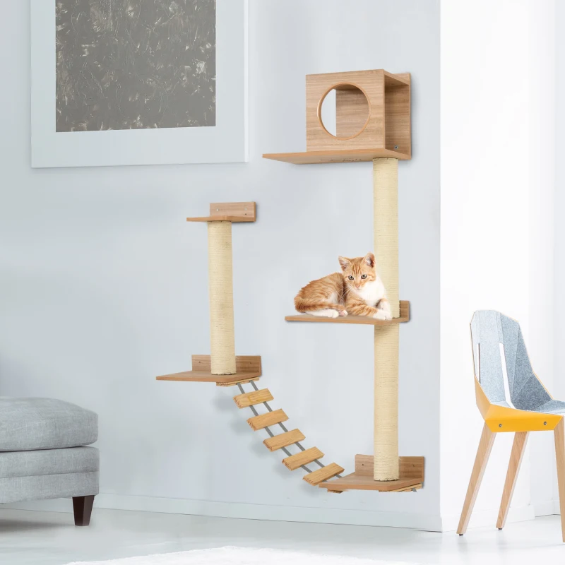 PawHut Wall Mounted Cat Tree with Scratching Post Condo Bridge Cat Climbing Shelves Furniture, Brown