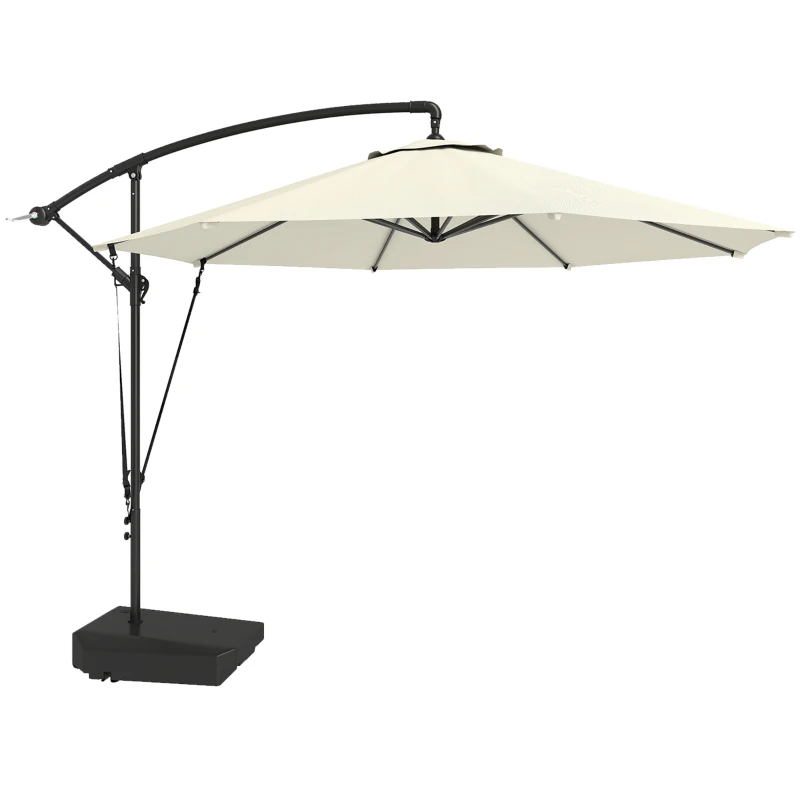 Outsunny 10FT Cantilever Umbrella with Fillable Base, Wind Strap and Cover, Offset Hanging Umbrella with Crank, Cream White