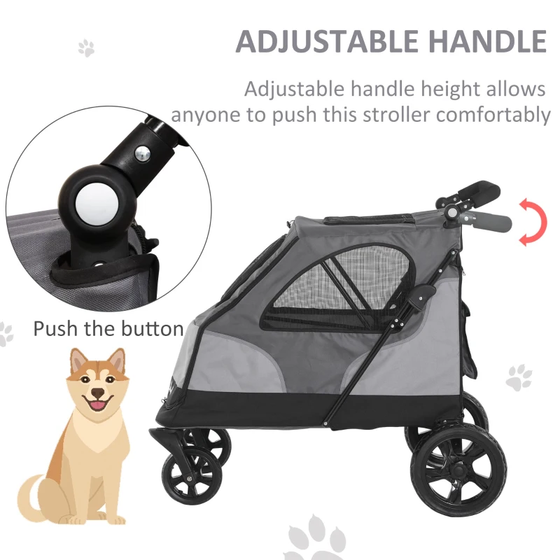 PawHut Pet Stroller Foldable Dog Cat Carriage with Adjustable Handlebar Rear Door EVA Wheel Brake Storage Bag Mesh Window Safety Leash Grey