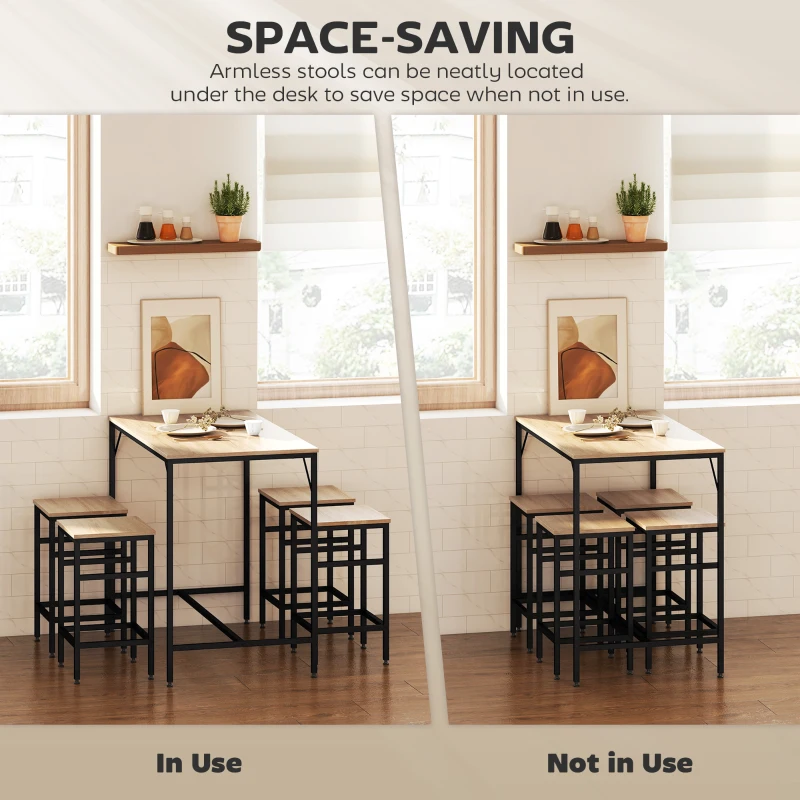 HOMCOM 5 Pieces Industrial Rectangular Bar Table Set, Dining Table Set Breakfast Table with 4 Stools for Dining Room, Kitchen, Dinette, Oak
