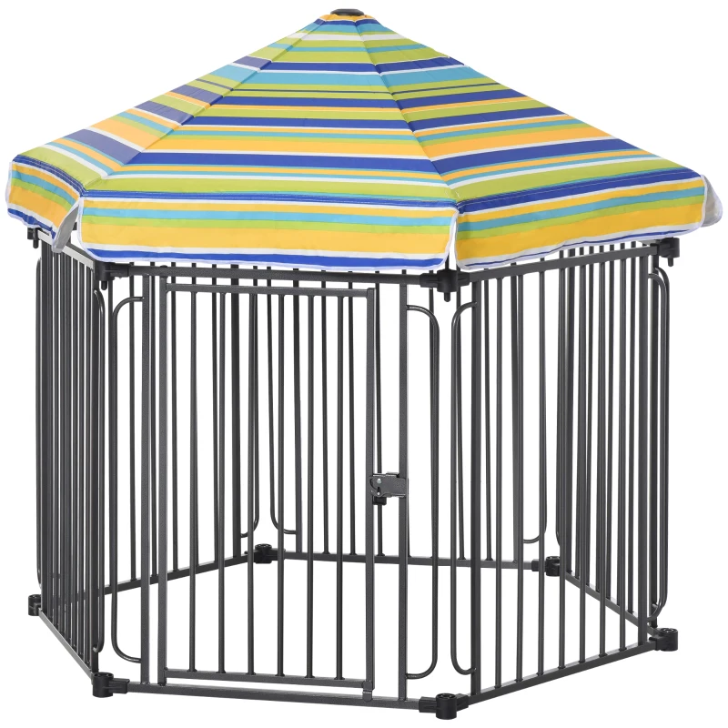 PawHut 48" x 41" Heavy-Duty Metal Dog Playpen, Outdoor Pet Cage Kennel, Puppy Exercise Fence Barrier with Weather-Resistant Polyester Roof, Locking Door and Solid Black Frame