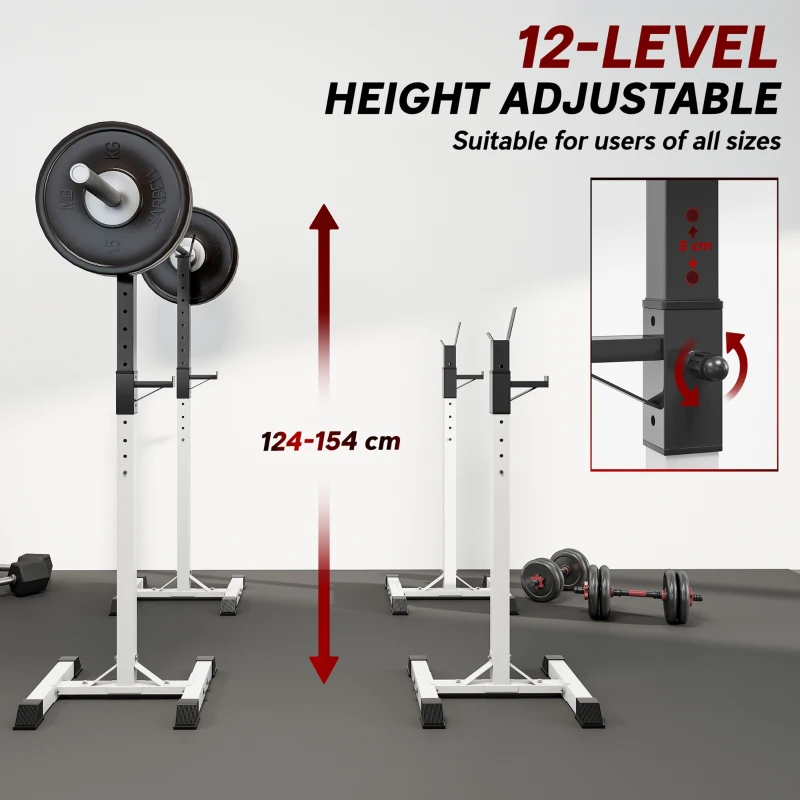 Soozier Adjustable Barbell Rack Stable Power Squat Stand Portable 2 Bars Barbell Holder Weight Rack, Black and White