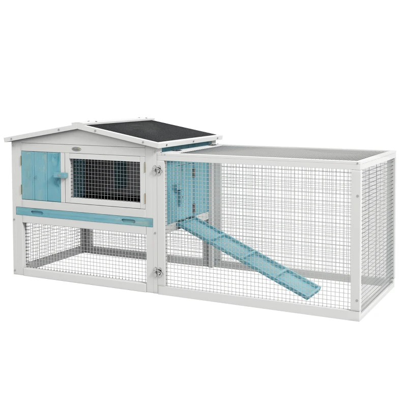 PawHut Wooden Rabbit Hutch Guinea Pig House with Removable Tray, Openable Roof, Trough, Run for Tortoises and Ferrets, Blue