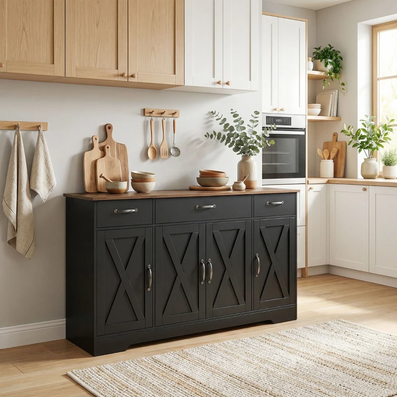 HOMCOM Sideboard Buffet Cabinet, 55" Farmhouse Kitchen Cabinet with 4 Barn Doors, 3 Drawers, 3 Adjustable Shelves, Black