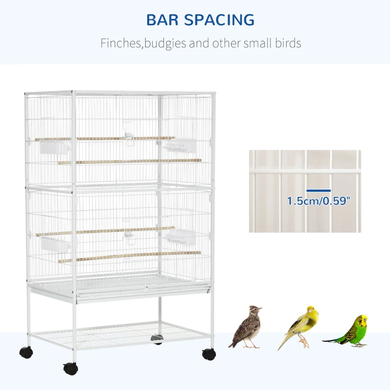 PawHut 52'' Large Rolling Steel Bird Cage Bird House with Rolling Stand, Storage Shelf, Wood Perch, Food Container, White