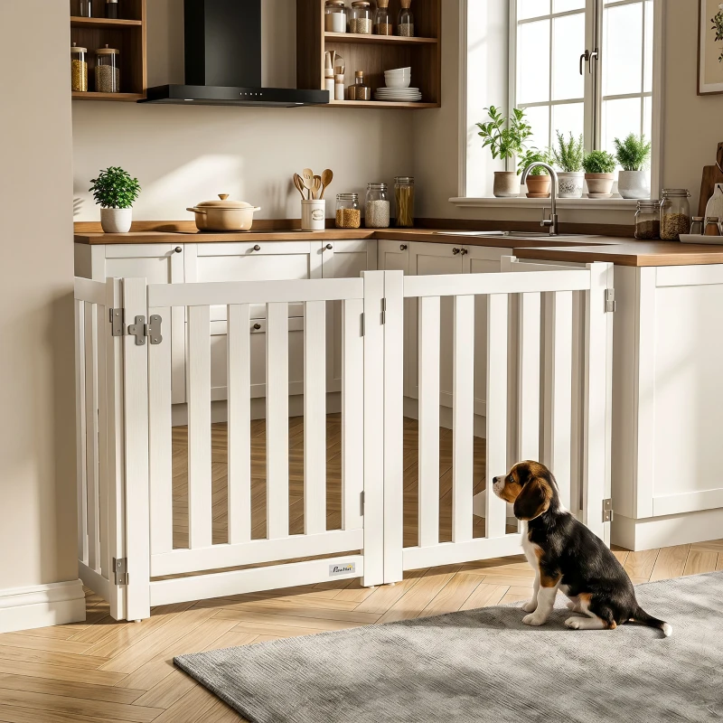 PawHut 23.5"H Foldable Dog Gate with Door, 4 Panels Freestanding Pet Gate Barriers Indoor with Support Feet, Puppy Fence for Dogs, White