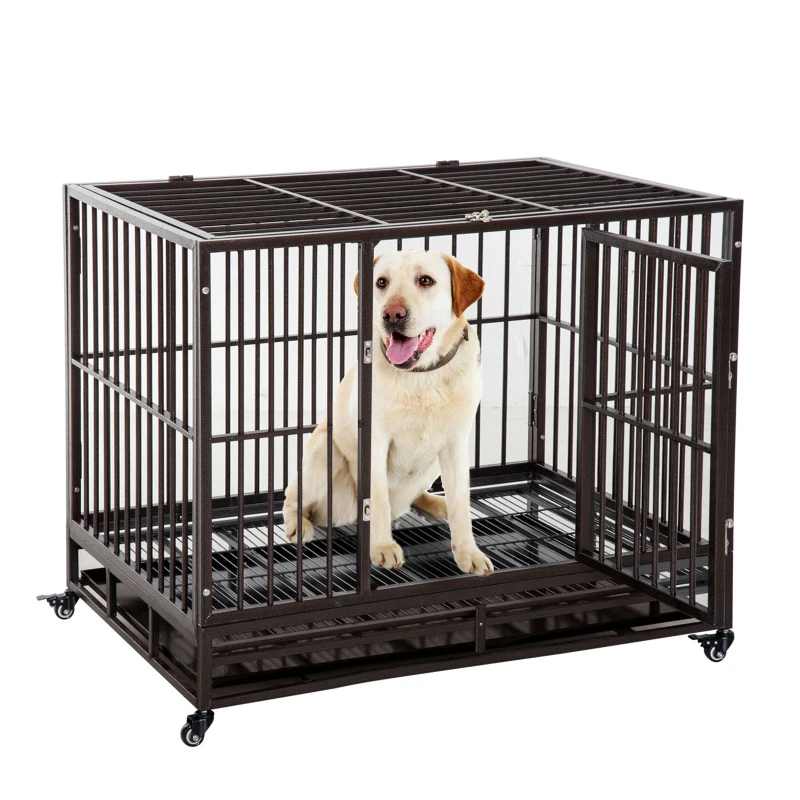 PawHut 42" Heavy Duty Dog Crate Metal Cage Kennel with Lockable Wheels, Double Door and Removable Tray, Brown