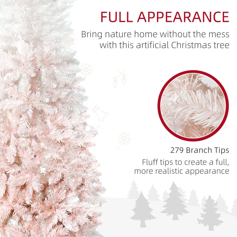 HOMCOM 5ft Pencil Artificial Christmas Tree with Pine Realistic Branches, Auto Open, Pink and White