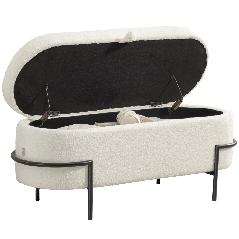 HOMCOM Storage Ottoman with Lift-Up Lid and Steel Legs, 45 Inches Sherpa Fleece Storage Chest for Living Room, Cream White