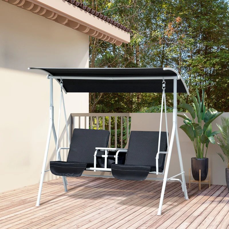 Outsunny Double Outdoor Swing Chair 2 Person Covered Swing Porch Swing w/ Pivot Table and Storage Console, Black