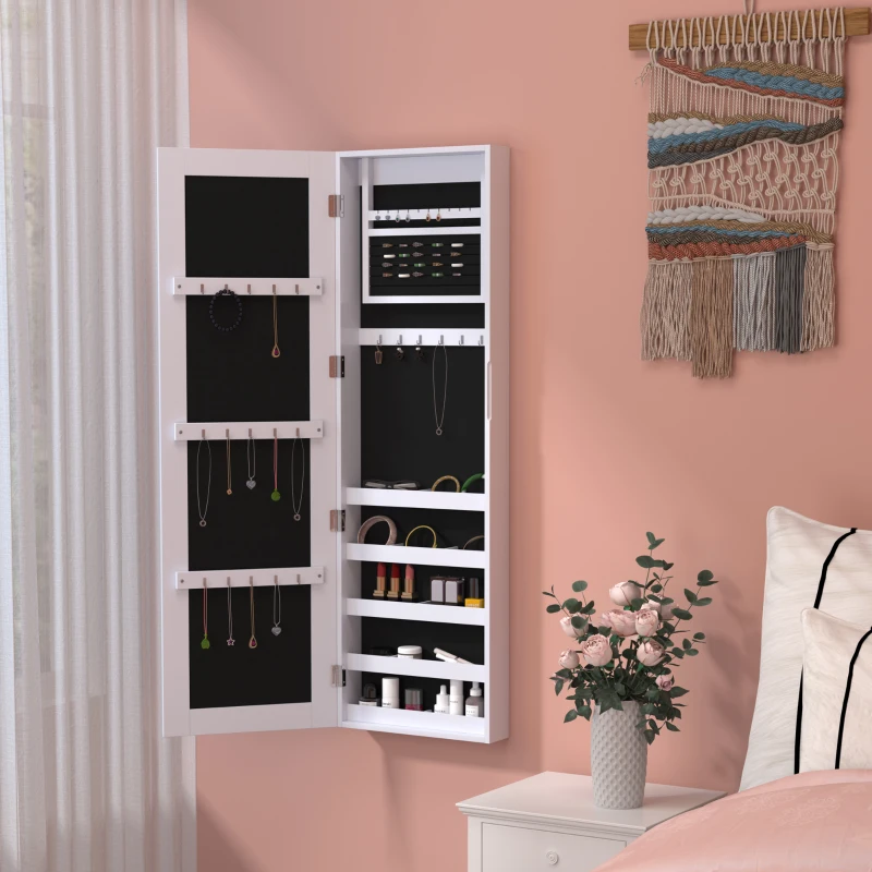 HOMCOM Mirror Jewelry Cabinet Armoire with Full Length Mirror, Wall Mounted Jewelry Organizer, White
