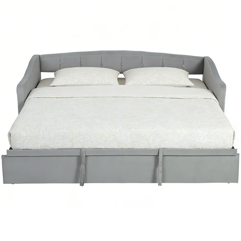HOMCOM Upholstered Twin Size Trundle Bed, Velvet Twin to King Day Bed with Pop Up Trundle, Headboard and 2 Pockets, Light Grey