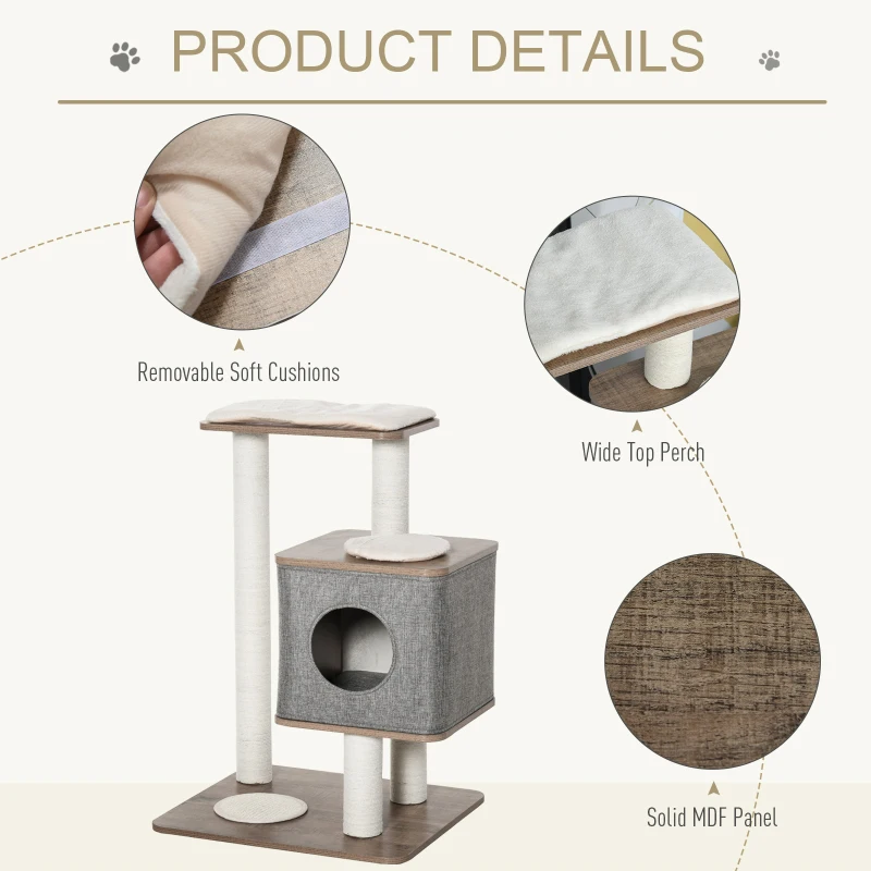 PawHut 34" Cat Tree Tower Activity Center with Natural Jute Scratch Material, Cushions on Each Platform, & Condo Area