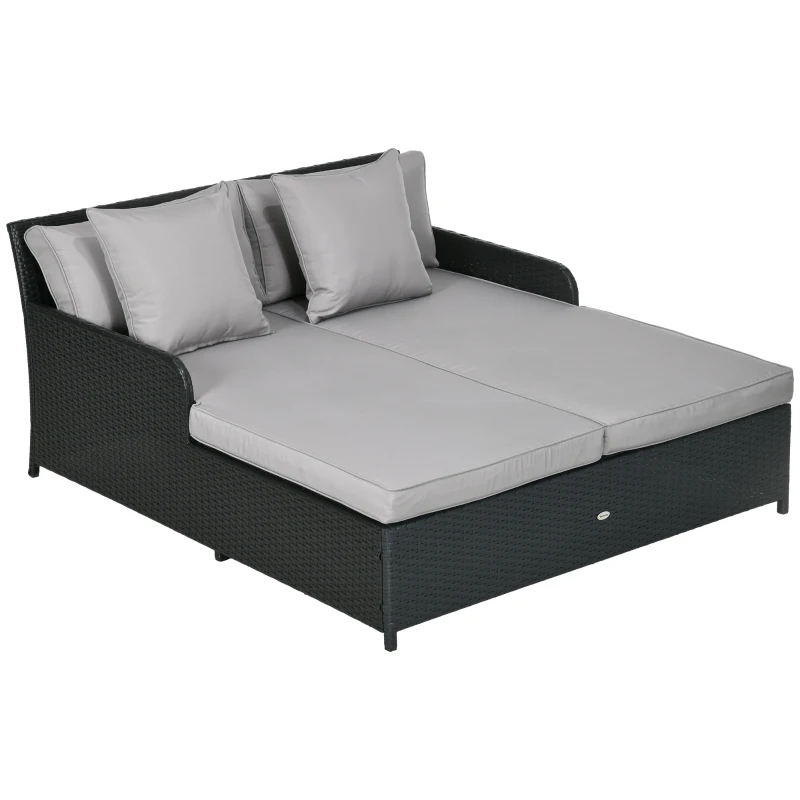 Outsunny Patio Rattan Double Lounge Daybed, Outdoor Wicker Armrests Chaise Lounge for 2-Person with Cushion & Pillow, Grey