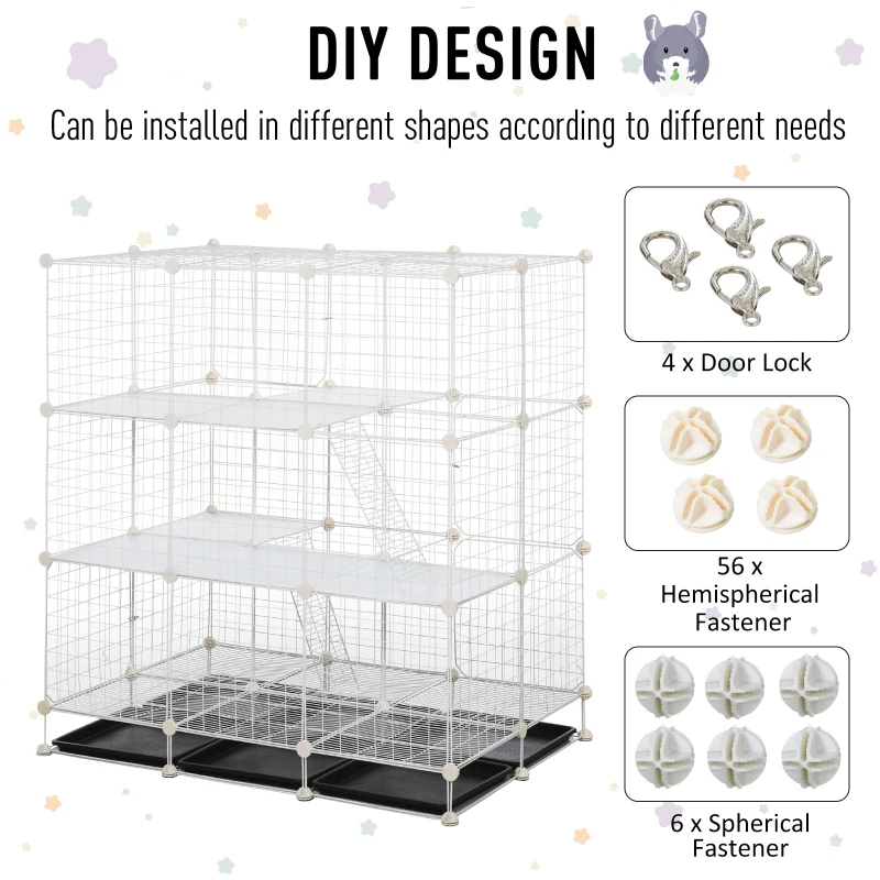 PawHut Small Animal Playpen C&C Cage Wire Bunny Pen for Kitten, Chinchillas, with Doors, Ramps and Trays, White