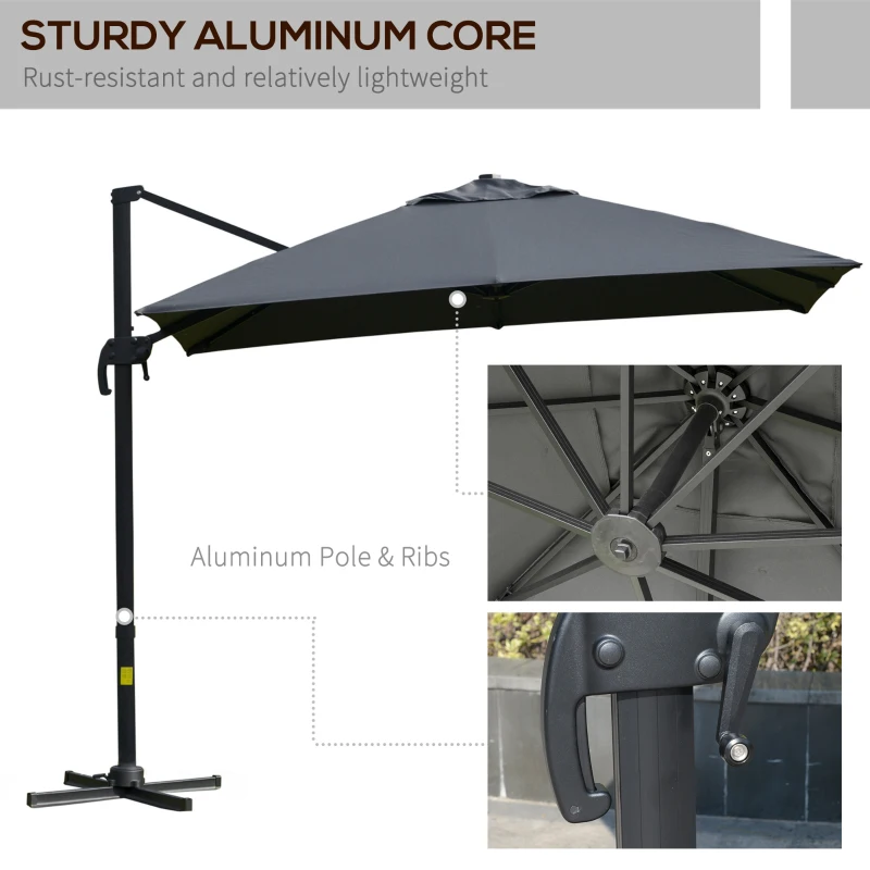 Outsunny 10x10ft Cantilever Umbrella Rotatable Square Top Market Parasol with 4 Adjustable Angle for Backyard Patio Outdoor Area Dark Grey