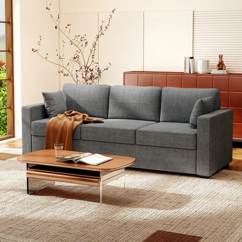 HOMCOM Modern Upholstered Couch, 3 Seater Sofa with Thick Spring Cushions and Deep Seat for Living Room, Dark Grey