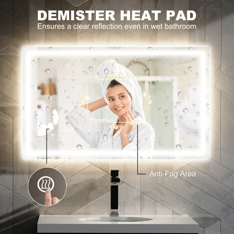 HOMCOM 39" x 24" Bathroom Mirror with LED Lights, Wall Mounted Vanity Mirror with Anti-Fog Pad and Touch Button, Clear