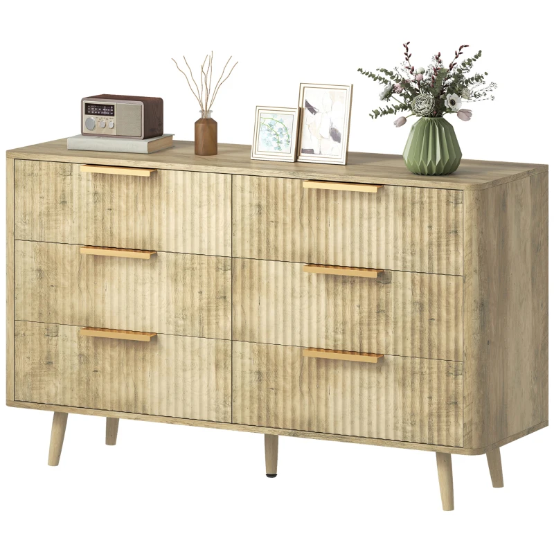 HOMCOM Fluted Chest of Drawers, Modern 6 Drawer Dresser with Pine Wood Legs, Finger Pulls for Closet, Living Room, Hallway, Oak