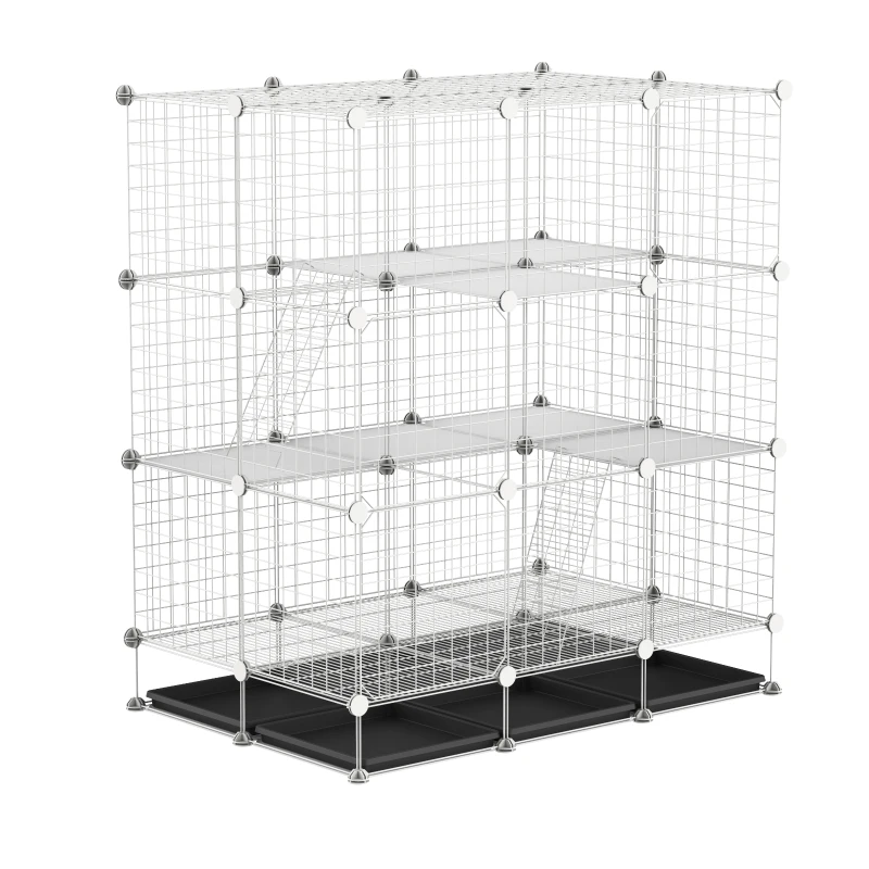 PawHut Small Animal Playpen C&C Cage Wire Bunny Pen for Kitten, Chinchillas, with Doors, Ramps and Trays, White